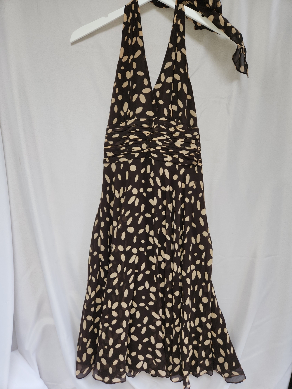 Suzi Chin for Maggy Boutique Brown/Cream Polka Dot Halter Midi Dress Sz 4